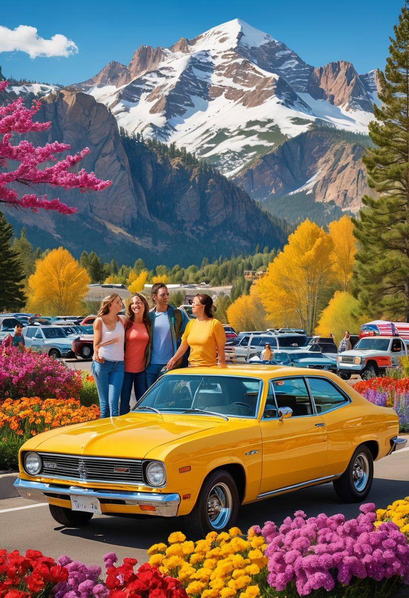 A cheerful family engaging with helpful staff at a bright and colorful DMV in Colorado, surrounded by iconic mountain scenery and vibrant flowers. Showcase a modern motor vehicle display with happy customers experiencing various services like license renewals and vehicle registrations. Illustrate a sense of joy and community in this inviting environment. super-realistic. vibrant colors. sunny background.