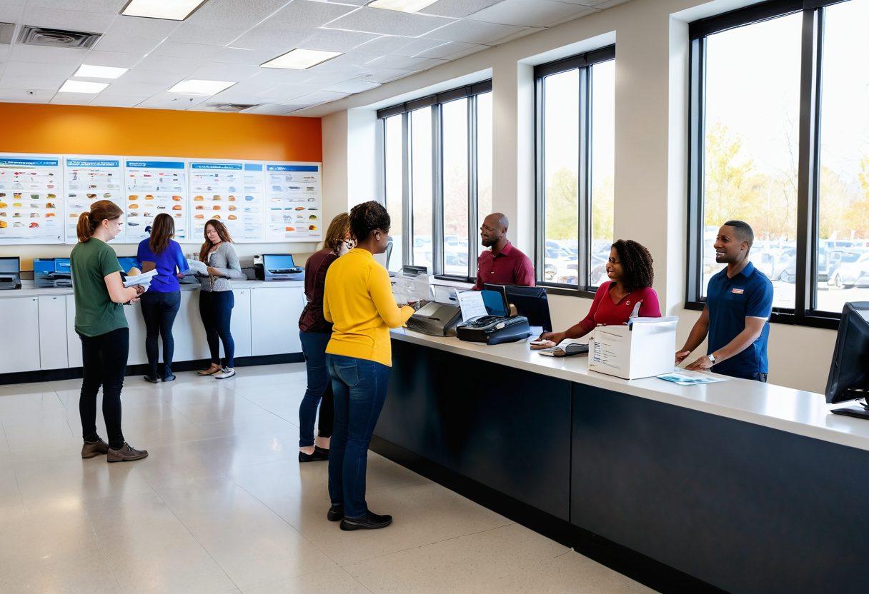 A bustling DMV office filled with happy, relieved customers receiving their services efficiently. Include friendly staff members assisting with paperwork, modern digital displays showing wait times, and colorful brochures about services offered. The atmosphere should convey a sense of ease and satisfaction, with sunlight streaming in through large windows. super-realistic. vibrant colors. white background.